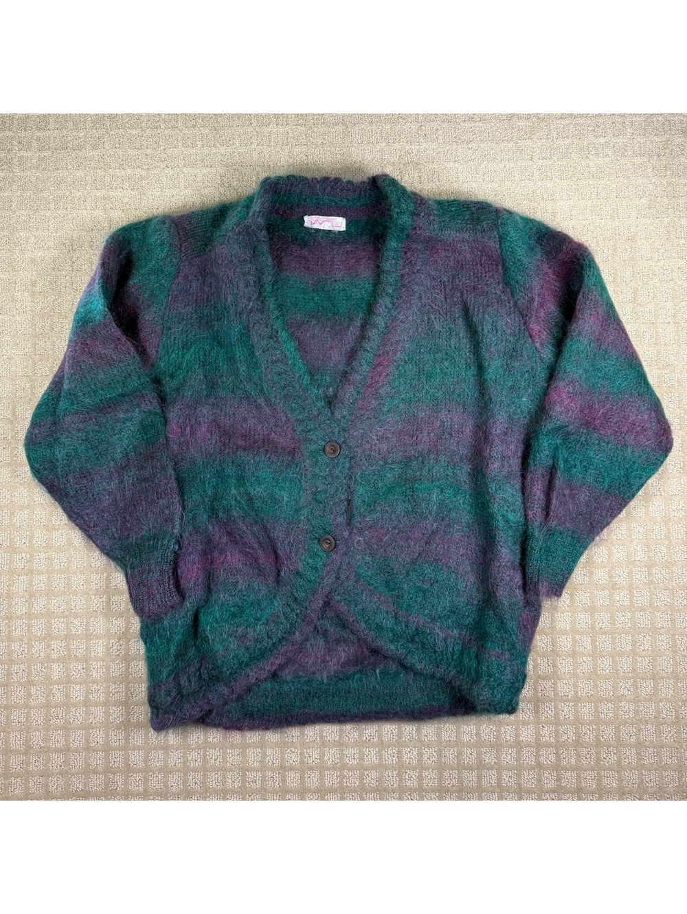 Tokyo Style mohair fuzzy green purple striped cardigan XL